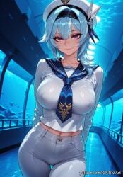 1girl 2026 ai_generated alternate_costume anime aquarium arms_behind_back bangs black_hairband blue_hair blue_necktie blue_sailor_collar blush boobs breasts cleavage closed_mouth collarbone covered_nipples cowboy_shot crop_top crossover eula_(genshin_impact) eye_contact female female_focus fish flushed genshin_impact hair_accessory hair_ornament hairband hat highres hoyoverse huge_breasts large_breasts long_sleeves looking_at_viewer medium_hair midriff mihoyo navel necktie neutral_expression nsfw pants patreon patreon_username purple_eyes rognezart sailor_collar sailor_hat shirt smile smiling solo thick_thighs thigh_gap thighs white_headwear white_pants white_shirt
