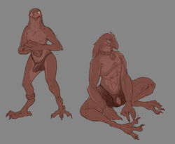 1boy anthro avian beak bell bird blush clothing collar custapple erection feathers grey_background male male_only muscles nude penis plain_background sitting solo spread_legs spreading standing talons thong underwear video_games