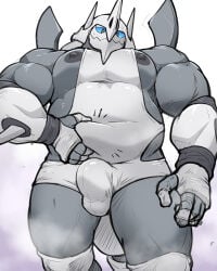 4:5 absurd_res anthro balls_outline barazoku belly belly_squish big_muscles big_pecs blue_sclera bodily_fluids bulge clothed clothing detailed_bulge emanata erect_nipples generation_6_pokemon genital_outline grey_body hi_res jagged_mouth looking_down maldu male mega_aggron mega_evolution musclegut muscular muscular_anthro muscular_male nintendo nipples pantsless pecs penis_outline pokemon pokemon_(species) shirt simple_background slightly_chubby slightly_chubby_anthro slightly_chubby_male solo squish sweat tail tank_top topwear white_background white_singlet