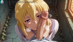 1girls ai_generated artist_name artist_signature blonde_hair blush erection gundam_seed_destiny hair_between_eyes hi_res high_resolution highres kurutai looking_at_viewer male_focus oral outdoors penis pov purple_eyes solo solo_focus stellar_loussier subscribestar subscribestar_username sweat uncensored yaoi