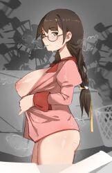 1girl bite_mark bite_mark_on_breast bite_mark_on_thigh black-framed_eyewear bottomless breasts breath brown_eyes brown_hair chair commentary cowboy_shot from_side glasses hair_ornament hair_ribbon hairclip hanekawa_tsubasa highres inverted_nipples juliet_sleeves large_breasts long_hair long_sleeves looking_at_viewer monogatari_(series) naoetsu_high_school_uniform parted_lips pink_shirt profile puffy_sleeves ribbon school_chair school_uniform semi-rimless_eyewear shirt sideways_glance solo standing steaming_body stray_pubic_hair trash_can twitter_username under-rim_eyewear yellow_ribbon