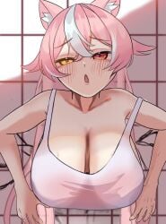 1girls big_breasts breasts catgirl enya_yoruneko female heterochromia hispanic_virtual_youtuber indie_virtual_youtuber latam_virtual_youtuber light-skinned_female light_skin long_hair pink_eyes pink_hair two-tone_hair virtual_youtuber vtuber white_hair yellow_eyes