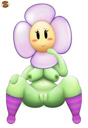 blush breasts crazee_dayzee female flora_fauna floriaselle green_nipples green_skin looking_at_viewer mario_(series) nintendo nipples paper_mario plant pussy smile socks solo swizzle