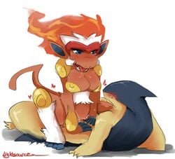 2014 anthro black_fur blue_eyes blush breasts cowgirl_position duo female female_on_top fire fur infernape lightsource male nintendo nude on_top open_mouth plain_background pokemon pokemon_(species) pussy pussy_juice red_fur sex straddling straight straight_hair tongue tongue_out typhlosion video_games white_background white_fur yellow_fur