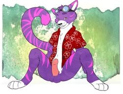 bottomless cheshire_thaddeus_felonious clothed clothing eyewear fan_character fur goggles half-dressed hawaiian_shirt lindariel male male_only open_clothes open_shirt penis pink_fur purple_fur shirt solo spread_legs spreading