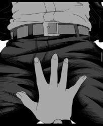belt_buckle black_and_white canon_couple hand_on_penis izuku_midoriya mu_1_2 my_hero_academia ochako_uraraka open shirt