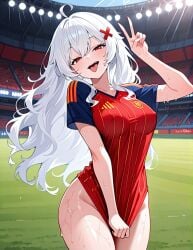 1girls absurd_res ahoge ai_generated breast_press bubble_butt covered_nipples erispheria female female_focus fogine football football_uniform goddess hourglass_figure hourglass_figured_female huge_ass legwear peace_sign red_eyes smile soccer_ball soccer_uniform spain spanish stadium stadium_background standing suggestive suggestive_look suggestive_pose suggestive_posing sweat sweating sweaty_ass sweaty_body tagme thick_legs thick_thighs tongue_out twitch vtuber vtuberfanart white_hair wide_hips world_cup youtube youtube_hispanic