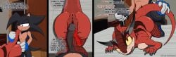 abelisaurid absurd_res anthro anus big_penis butt butt_focus carnotaurus cloacal cloacal_penetration comic cuckold dialogue dinosaur doggystyle duo english_text eulipotyphlan fan_character fishnet_stockings from_behind_position genitals greeting hedgehog hi_res infidelity male male/male mammal penetration penis prehistoric_species profanity raber rabernod reptile saurischian scalie sega sex sonic_the_hedgehog_(series) tail text theropod