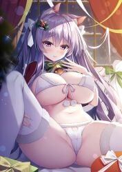 1girls animal_ear_fluff breasts cat_ears cat_girl cat_tail catgirl christmas christmas_outfit cleavage clothed clothed_female female female_focus female_only highres large_breasts long_hair melonbooks navel neck_ribbon original solo solo_female solo_focus spread_legs tail tied_up twintails violet_hair yatanukikey