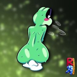 1:1 2026 amphibian anthro blurred_background bodily_fluids breath butt cum cum_from_ass cum_in_ass cum_inside cum_puddle digital_drawing_(artwork) digital_media_(artwork) english_description female frog genital_fluids glistening glistening_butt glitch_productions green_body looking_at_viewer looking_back looking_back_at_viewer raunchyriot ribbit_(tadc) solo sweat sweaty_back sweaty_butt sweaty_face the_amazing_digital_circus