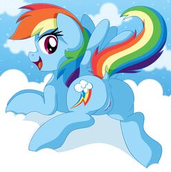 anus ass blue_fur clitoris cloudscape cutie_mark dock equine feathers female friendship_is_magic fur hair hooves long_hair looking_at_viewer looking_back mammal multicolored_hair my_little_pony open_mouth outside pearlyiridescence pegasus presenting puffy_anus purple_eyes pussy rainbow_dash_(mlp) raised_tail rear_view sky smile solo straight_hair wings