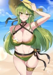 1girls big_breasts bikini breasts cleavage clothed clothing female female_only fire_emblem green_eyes green_hair light-skinned_female light_skin long_hair nintendo palla_(fire_emblem) revolverwingstudios solo sun_hat