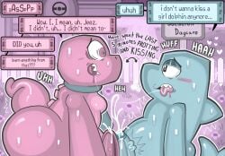 2026 anthro aquatic biped blue_body blush bodily_fluids butt cetacean detailed_background dialogue digital_media_(artwork) dinosaur dolphin english_text erection flappers_(gameoverse) gameoverse genitals glitch_productions gobbles_(gameoverse) kissing koalarobot_(artist) male male/male mammal nude penis pink_body prehistoric_species reptile saliva saliva_string scalie sharp_teeth speech_bubble story story_in_description sweat teeth text toothed_whale