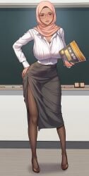 ai_assisted ai_generated arabian female high_heels hijab hijabi pantyhose pencil_skirt tanned tanned_female tanned_skin teacher
