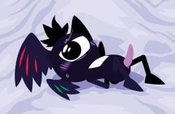 1_eye almighty_patapon_(patapon) archfiendofpurity bed_sheet bedding black_body blush bodily_fluids chest_markings cyclops deity erection fabric feather_hair feathered_crest feathered_wings feathers furrowed_eyebrows genitals hands_behind_back head_crest hero_(patapon) hi_res humanoid lineless lying male markings narrowed_eyes on_back patapon patapon_(tribe) penis posing_for_picture posing_nude presenting presenting_penis pseudo_hair purple_blush purple_penis silk slit_penis solo sony_corporation sony_interactive_entertainment squint sweat sweatdrop turned_on wings wings_on_head worried_look