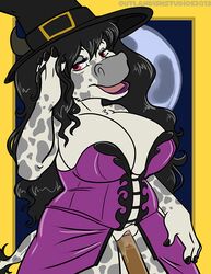 anthro big_breasts black_hair bovine breasts cattle chubby female fur furry furry_only hair lipstick long_hair magic_user mammal outlandish_studios pink_eyes pussy witch