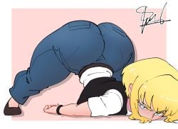 absurd_res absurdres artist_signature ass_focus big_ass black_jacket blonde_hair blue_eyes butt_focus dc dc_comics fat_ass gt_animates huge_ass jack-o_pose jeans kara_zor-el large_ass my_adventures_with_superman shiny_hair shoes sidelocks simple_background supergirl supergirl_(my_adventures_with_superman) superman_(series) watch white_shirt