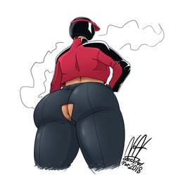 ass backless_pants big_ass big_butt female female_only gats huge_ass masked_female motorcycle_helmet motorcycle_suit obscured_face peabea_(gats) pizza_thot visor_cap