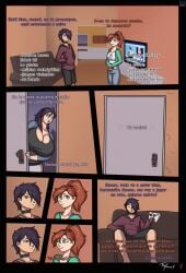 big_breasts black_hair black_shirt blue_eyes blue_shirt breasts brown_hair comic_page console corruption female night_of_the_shambling_bimbos orange_hair spanish spanish_text text toby_art tv