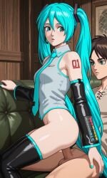 1boy 1girls ai_generated attack_on_titan big_penis blue_eyes blue_hair collaboration cowgirl_position crossover epic_games eren_jaeger fortnite fortnite:_battle_royale hatsune_miku penetration shingeki_no_kyojin twitter video_games vocaloid