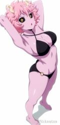 1girl ankles armpits ashido_mina ass bare_foot bare_hips bare_legs bikini_bottom bikini_top black_bikini black_sclera boku_no_hero_academia bones_(company) curvy energetic feet gyaru heroine hips horn legs mina_ashido my_hero_academia pink_hair pink_skin sassy seductive_body sexy sexy_body shounen_jum stretching superheroine toes yellow_eyes