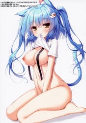 1girls animal_ear_fluff animal_ears aqua_hair bottomless breasts breasts_out cat_ears cat_girl cat_tail catgirl choker cleavage clothed clothed_female exposed_breasts female female_focus female_only highres large_breasts long_hair looking_at_viewer navel nipples original shirt shirt_in_mouth shirt_lift solo solo_female solo_focus tail yatanukikey