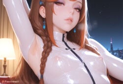 1boy 1femboy absurd_res ai_generated arm_behind_head arm_up armpit_cutout armpits artist_name artist_upload blurry blurry_background bodysuit braid breasts breath brown_eyes brown_hair clothing_cutout covered_nipples crossdressing earrings eyeshadow femboy femboy_focus feminine_male gay hair_ornament hi_res indoors jewelry lamp lips long_hair looking_at_viewer makeup more_at_source night night_sky nipples pandora parted_lips patreon patreon_username see-through self_upload shooting_star sky small_breasts solo star_(sky) starry_sky sweat transgender twin_braids uncensored upper_body watermark wet wet_clothes window