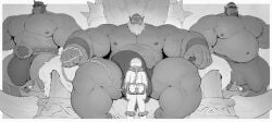 abs absurd_res beard biceps big_bulge bulge chain collar facial_hair fangs group hi_res humanoid humanoid_pointy_ears male monochrome muscular muscular_humanoid muscular_male nipples not_furry orc pecs pointy_ears size_difference teeth trio vein veiny_muscles zne43