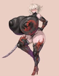 1girls 2b213 blush breast_expansion breasts breasts_bigger_than_head cleavage embarrassed fate/grand_order fate_(series) female gigantic_breasts highleg_leotard hips huge_breasts jeanne_alter leotard light-skinned_female light_skin long_hair looking_at_viewer massive_breasts pale-skinned_female pale_skin slim_waist sword thick_thighs thighs white_hair wide_hips