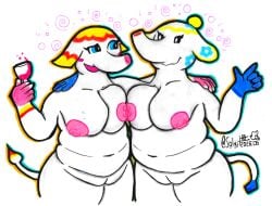 animal_crossing anthro belly big_breasts big_butt breast_squish breasts breasts_frottage butt drunk duo elephant elephantid female female/female genitals hi_res hug huge_breasts huge_butt mammal margie_(animal_crossing) nintendo nipples nipples_touching pachyderm proboscidean salyut_(artist) slightly_chubby slightly_chubby_female smile squish standing substance_intoxication tia_(animal_crossing) vulva