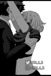 black_and_white canon_couple izuku_midoriya my_hero_academia ochako_uraraka undressing
