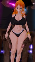 1girls 2boys blacked blacked_clothing dark-skinned_male evaan hips_wider_than_shoulders holding_penis hourglass_figure huge_ass huge_breasts huge_cock huge_thighs imminent_sex nami_(one_piece) namilovesbbc one_piece ponytail queen_of_spades smile smiling smiling_at_viewer tachumi thin_waist toned_female toned_stomach