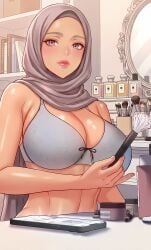 ai_assisted ai_generated bra cleavage female hijab hijabi lipgloss lipstick makeup mirror tanned tanned_female tanned_skin