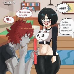 1boy 1girls artist_signature bed bedroom black_hair blush blush_lines blushing brown_hair clothing detailed_background glasses grey_body grey_skin length_markings long_sleeves penetration_depth_mark real_person reika7w7 ruler spanish_text text thighs togashiyuuta883 twitter_user_oc white_skin