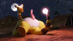 16:9 3d_(artwork) ampharos animal_genitalia blush bodily_fluids campfire camping canyon desert digital_media_(artwork) feral generation_2_pokemon genital_fluids genitals glowing glowing_tail hi_res male mammal moon night nintendo open_mouth outside penis plant pokemon pokemon_(species) smeargle20 solo tail tent tree widescreen yellow_body