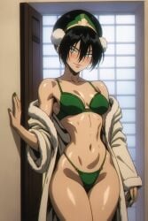 ai_generated avatar_legends avatar_the_last_airbender bathrobe black_hair breasts dark_hair disrobing faprunner78 green_lingerie hair_accessory leaning_against_wall lingerie nail_polish natural_breasts nickelodeon nicktoons panties slim_female slim_waist small_breasts thick_thighs thighs toph_bei_fong waist