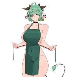 1girl 1girls 22foxulf ahoge animal_ears apron black_sclera breasts choker colored_sclera cow_ears cow_girl cow_horns cow_tail crelly curvy female green_apron green_hair grey_sclera heterochromia highres hips horns indie_virtual_youtuber large_breasts mismatched_sclera mole mole_under_mouth naked_apron red_eyes short_hair sideboob solo standing tail thick_thighs thighs tits virtual_youtuber vtuber white_background wide_hips