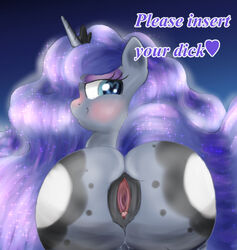 bedroom_eyes blue_eyes blue_fur blue_hair blush braffy clitoris cutie_mark english_text equine female friendship_is_magic fur hair heart heart-shaped_pupils horn long_hair looking_at_viewer looking_back mammal my_little_pony overweight presenting princess_luna_(mlp) pussy raised_tail rear_view smile solo symbol-shaped_pupils text unicorn