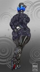 black_skin blue_eyes broad_shoulders commission crossdressing_(mtf) crossdressing_male fake_animal_ears fantasmatty grin hand_on_hips high_heel_boots huge_ass huge_ass_(male) muscular_male playboy_bunny shiny_skin simple_background thick_thighs thigh_boots