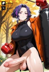 1futa 1girl ai_generated big_breasts black_leotard boku_no_hero_academia boxing_gloves breasts clothing clothing_aside cock colored covered_navel dick erection from_front front_view futa_only futanari futanari/female futanarization gloves highleg highleg_leotard huge_penis huge_testicles jacket lady_nagant large_breasts large_penis leotard leotard_aside light_skin light_skinned_futanari looking_at_viewer multicolored_hair my_hero_academia nickythecreator open_clothes open_jacket outdoors parted_lips penis precum precum_drip purple_eyes purple_hair red_gloves sexy sexy_body sexy_pose short_hair solo streaked_hair sweat testicles tits tree uncensored veins veiny_penis