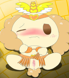 blush brown_fur canine chiffon_(cinnamoroll) cinnamoroll_(series) cocker_spaniel cute dog female feral fluffy_fluffy_cinnamoroll fur heart japanese long_ears mammal one_eye_closed presenting pussy sanrio solo unknown_artist wet wink yellow_fur