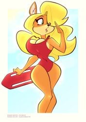 1girls animal_ears anthro artist_name bandicoot big_breasts bimbo blonde_hair breasts cleavage crash_(series) crash_bandicoot_(series) curvy curvy_figure female female_only green_eyes hair hair_over_one_eye hips holding_object legwear lifeguard lifeguard_swimsuit red_swimsuit roger_bacon solo solo_female swimsuit swimwear tawna_bandicoot thighs thin_waist wide_hips