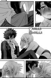 blush bulge_through_clothing izuku_midoriya mu_1_2 my_hero_academia ochako_uraraka shaking surprise_kiss touching_penis visible_breath
