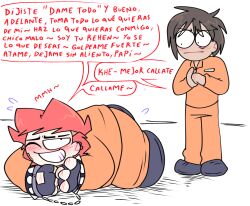 2boys blush blushing_male cringe fat_male gloves handcuffed_male handcuffed_together handcuffs homosexual jail lying_on_floor male male/male no_background oc orange_clothing original original_character prison prison_clothes prison_uniform prisoner red_hair spanish_text text white_background yaoi