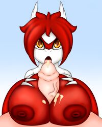 anthro areola big_breasts breasts cum female hair human latias legendary_pokemon lewdtias lewdtias_(character) looking_at_viewer male nintendo nipples open_mouth paizuri penis pokemon pokemon_(species) quin_(artist) red_hair short_hair straight tongue vein yellow_eyes