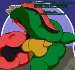 alligator alligatorid anal anal_penetration anthro anus backsack balls belly big_balls big_belly big_butt big_penis black_balls black_body butt claws crocodilian dominant donkey_kong_(series) english_text feet gaping gaping_anus genitals gold_balls gold_penis green_body hi_res homophobic_slur jinni_(waniiime) king_k._rool kremling larger_dom long_tail lying male male/male male_penetrated male_penetrating male_penetrating_male multicolored_body nintendo on_side overweight overweight_anthro overweight_male penetration penile penile_penetration penis penis_in_ass perineum puffy_anus red_body reptile scalie sex size_difference slur small_tail smaller_penetrated spread_legs spreading tail tail_around_leg tail_around_partner text thick_thighs toe_claws top_hole vulgar waniiime