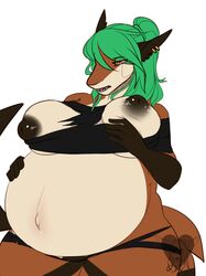 anthro big_breasts big_nipples breasts chubby-kun clothing erect_nipples female fish green_hair growth hair huge_breasts hyper hyper_belly large_belly marine mei5683 nipples piercing pregnant ready_to_pop ripping shark solo wardrobe_malfunction wide_hips