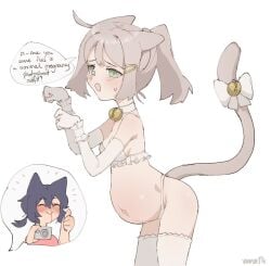 1boy 1girls bell black_hair bra camera cat_ears cat_tail catgirl collar elbow_gloves frills gloves hair_ornament hairclip kemonomimi light-skinned_female light_skin lingerie miyu_(vanabette) navel nosebleed panties paw_pose pregnant tail tail_bell thong
