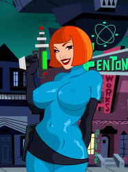 alternate_version_available artist_name artist_signature belt big_breasts breasts brown_hair color color_edit danny_phantom erect_nipples erect_nipples_under_clothes holster jumpsuit looking_at_viewer maddie_fenton madeline_fenton milf outdoors purple_eyes ray_gun ricozappa weapon