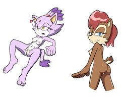 anthro ass back blaze_the_cat chipmunk cum duo feline feline female goshaag hindpaw human_feet lying mammal nude open_mouth paws pussy rodent sally_acorn sega smile sonic_(series)